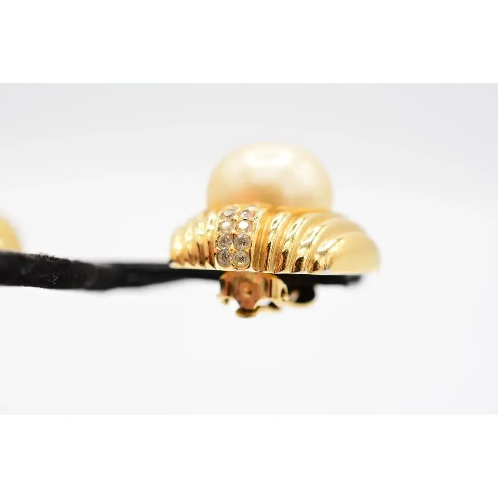 Ciner Vintage Crystal Clip On Earrings Pearl Gold Bold Chunky Heavy Signed BinAG